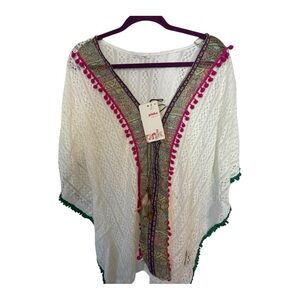 Lace Poncho with Pink and Green Trim